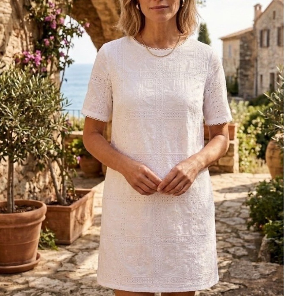 LOFT Shift Dress Mini Eyelet Lace Short Sleeve White Size 14 Keyhole Back